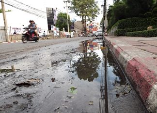 Stagnant water on Pattaya Second Road, Soi 6, over 7 m long and 4 cm deep.